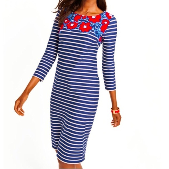NWT Talbots Navy Stripes and Flowers Shift Dress 3/4 Sleeve Cotton MP​​​ - Picture 1 of 7